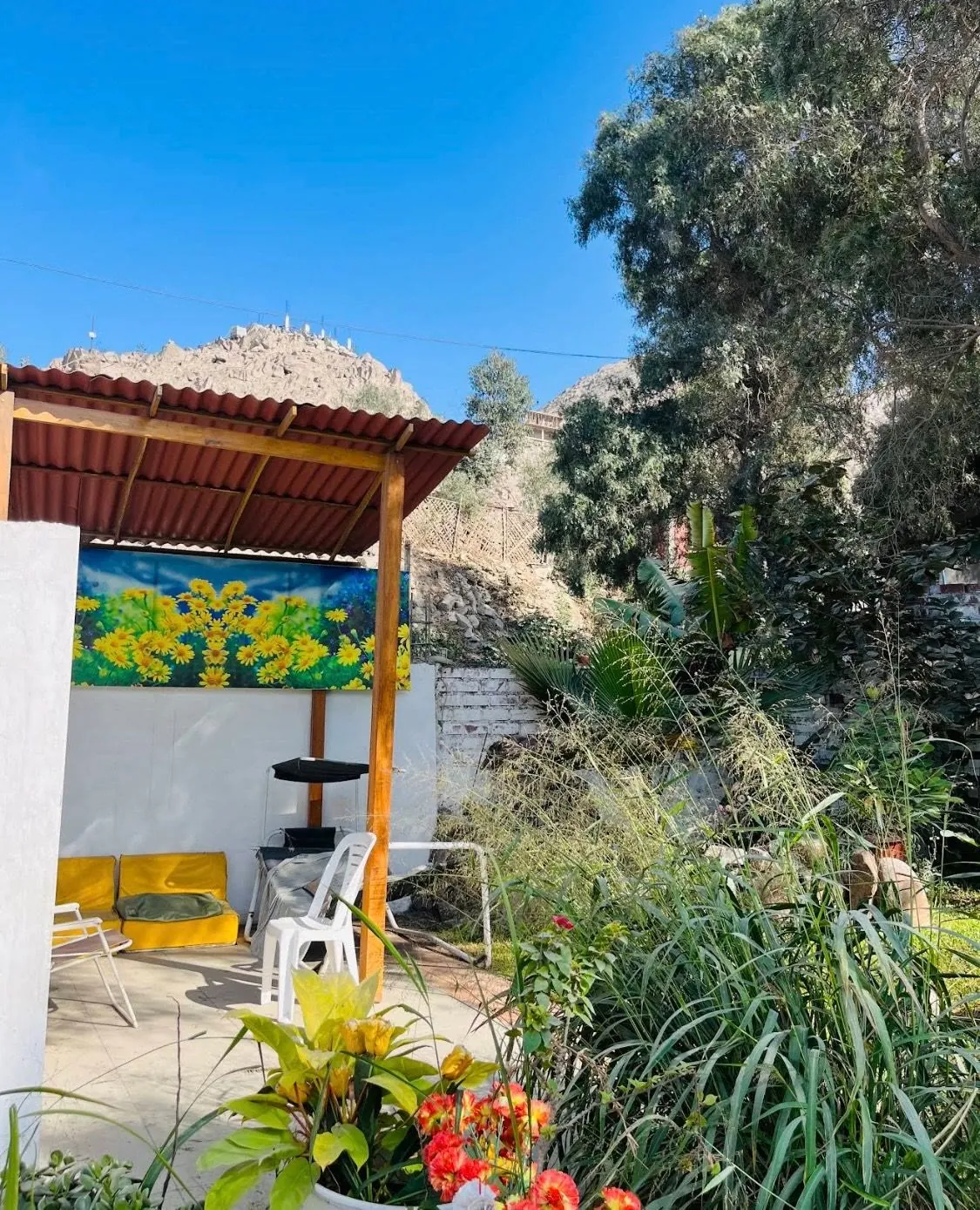 Patio techado con flores y los cerros de Chaclacayo al fondo